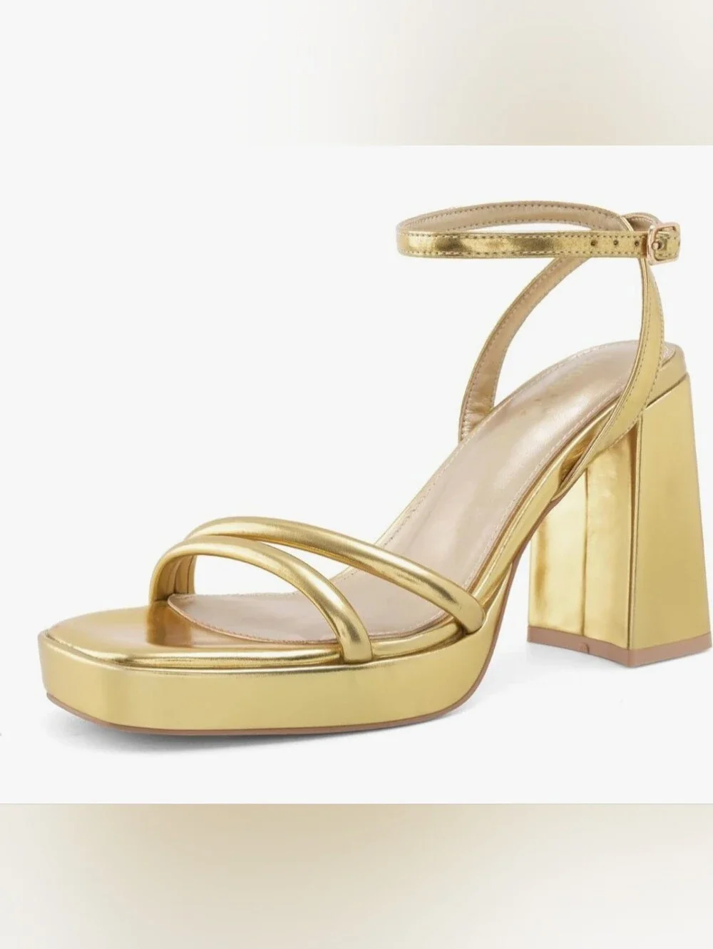 NEW Metallic Gold Block Heel Ankle-Strap Sandal